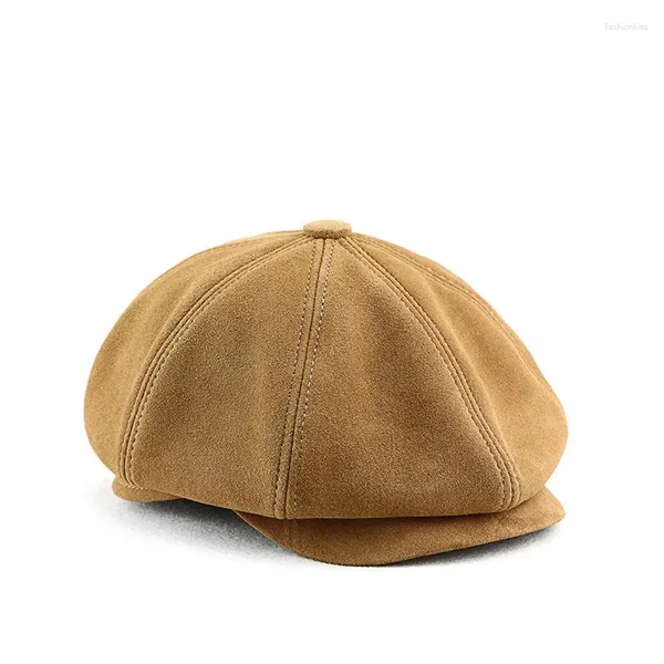 Berets Real Sheepskin Camurça Outono Inverno Sboy Cap para Homens Estilo Britânico Corte Fino Top Grade Octogonal Lazer Boina Caps