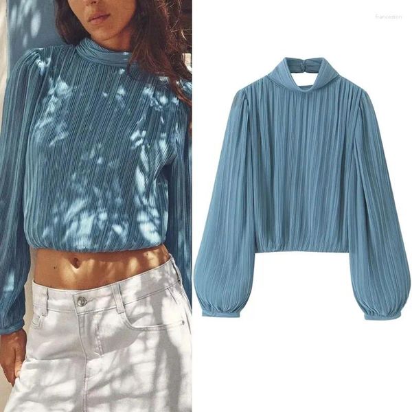 Frauen Blusen Blau Plissee Crop Top Für Frau 2023 Mode Hohe Kragen Langarm Tops Open Back Rüschen Shirts und Sommer Dame