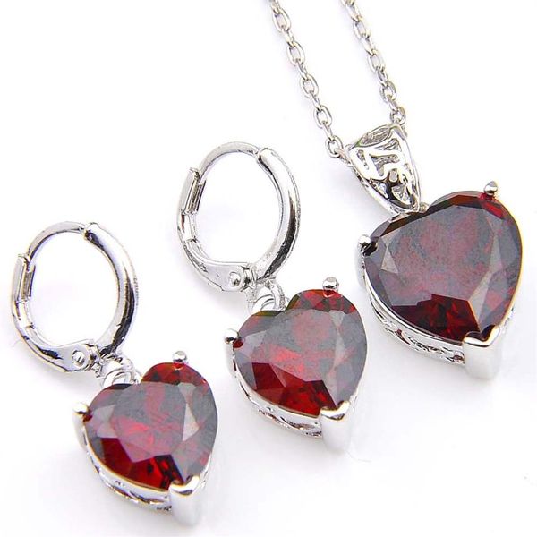 Luckyshien Weihnachtsgeschenk 2 Stück Set Herz Roter Granat Anhänger Ohrringe Sets 925 Silber Halskette Frau Charm Schmuck 188h