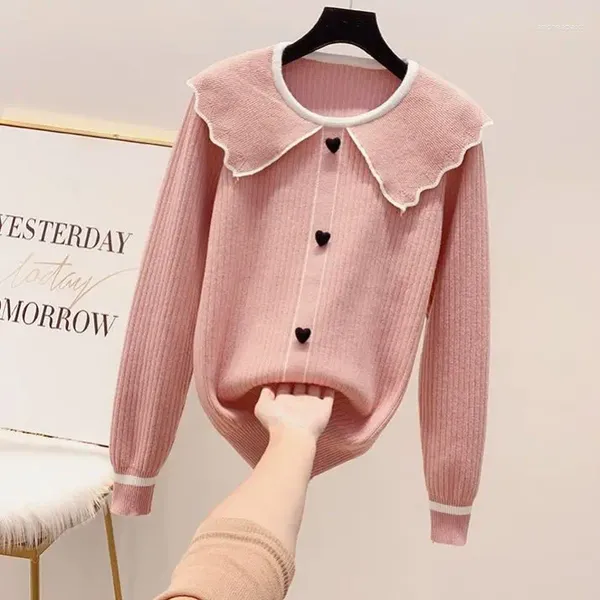 Kadın Örgü Pembe Aşk Sonbahar Moda Külot Uzun Kollu Sweater Gevşek Ceket Gündelik Ceza Ceket Ceket Donanma Yaka Kıyafetler Kadınlar İçin