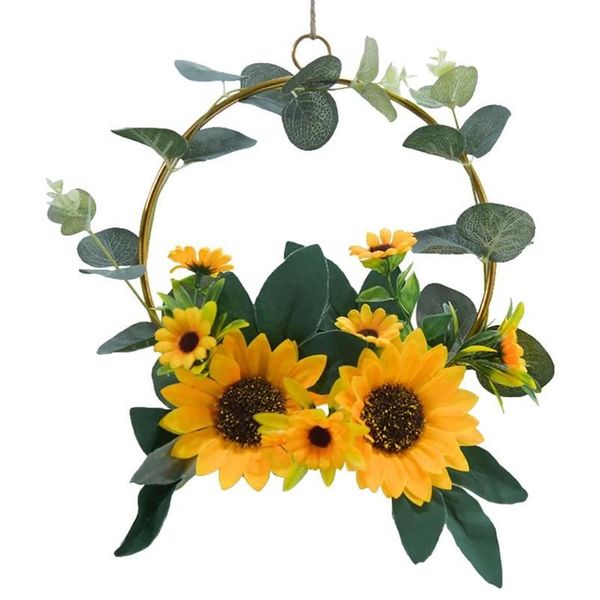 Corona di girasole artificiale primavera estate per la porta d'ingresso della parete della casa finestra decorazione della festa nuziale ghirlande fiore decorativo della fattoria255T