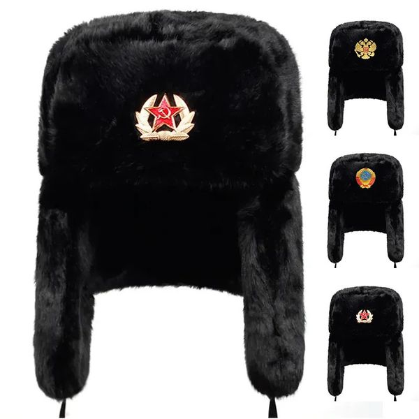 Trapper Chapéus Russo Bomber Cap Outdoor Quente Earmuffs Homens e Mulheres Universal Winter Ski Caps Militar Badge Chapéus Espessados 231213