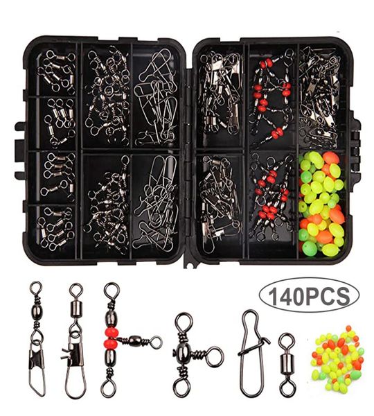 Kit de equipamentos de acessórios para pesca de caixa de 140pcs com caixa de tackle snaps rolamento de esferas de giro triplo de pesca de pesca de pesca de água salgada Fres4783868