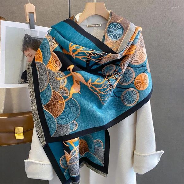 Schals 2023 Blauer Schal Kaschmir Abstrakter Elch Dicker warmer Winter Weiblicher Bufanda Design Pashmina Schals und Wraps