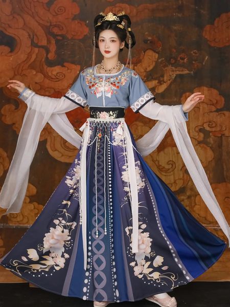 Roupas étnicas Dunhuang Hanfu Chinês Tradicional Halfarm Tank Collar Skrit Tang Dynasty Folk Estilo Primavera Cosplay Fada Hanfu Robe 3 Peças S 231212