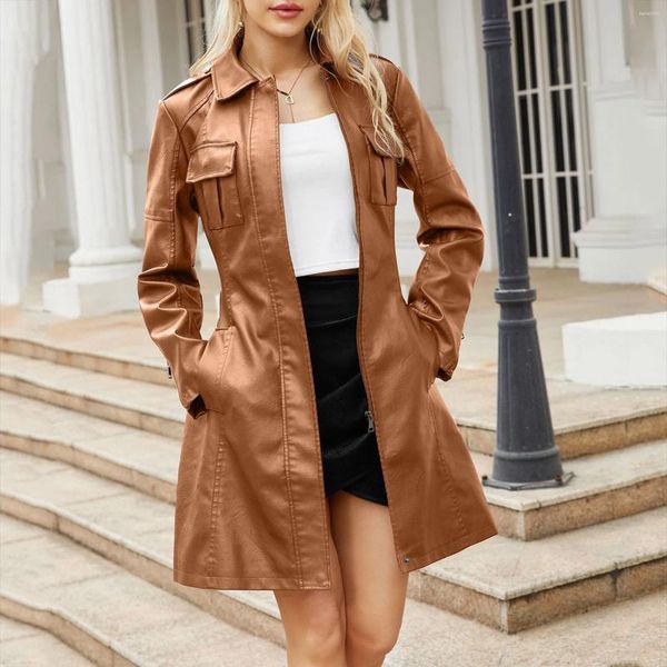 Damen Trenchcoats Herbst Leder Trendy Mantel mit Gürtel Reißverschluss Langarm Jacken Vintage Windjacke Elegant für Frauen 2024