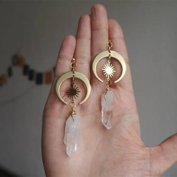 Charme Hippie Tribal Sun Crescent Brincos Cor de Bronze Witchy Jóias Bohemia Aniversário Mágico Clear Stone Point Mulheres Moda Presente 231213