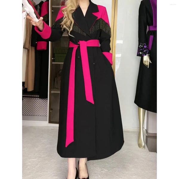 Женские плащи, модное черное пальто в стиле пэчворк с бахромой, тонкое пальто на завязках для женской одежды, весна-осень 2023, длинная ветровка 84