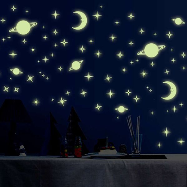 Светящиеся наклейки на стену со звездами и луной, Сатурном, художественный дизайн, наклейки для детской комнаты, украшения дома, наклейки на стены, светящиеся в темноте