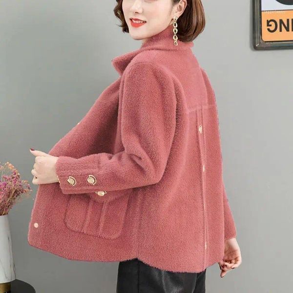 Malhas femininas de meia-idade e idosos mãe casaco outono inverno versão coreana vison veludo terno colarinho solto cardigan m38