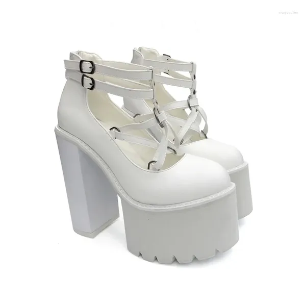 Elbise ayakkabıları beyaz yüksek topuklu bayanlar pompalar tıknaz platform punk çapraz kalın topuk platformları botlar siyah kaya tacones plataforma