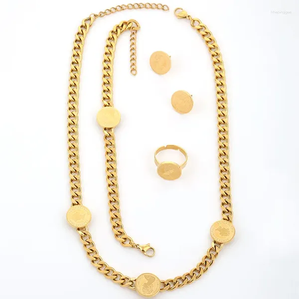 Комплект ожерелья и серег из нержавеющей стали, античная кубинская цепочка, браслет в стиле хип-хоп, серьги в виде головы, кольцо, женские модные украшения