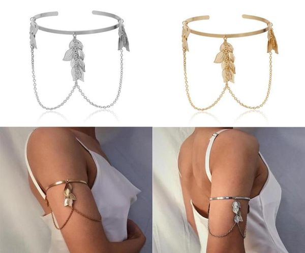 Braccialetto a catena da braccio Retro Boho Foglie Polsino superiore Bracciale Schiavo Bracciale Gioielli Bracciale De Esqueleto Pulseras7365209