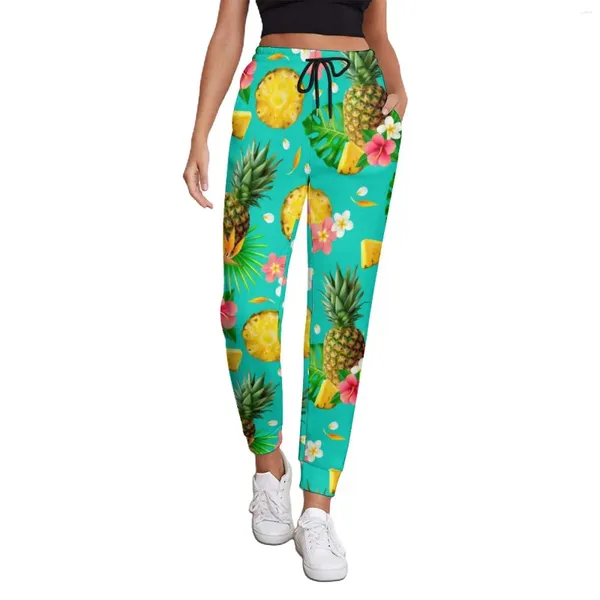 Calças femininas férias abacaxi jogger primavera rosa floral impressão moderna sweatpants mulheres coreano moda design calças tamanho grande 2xl