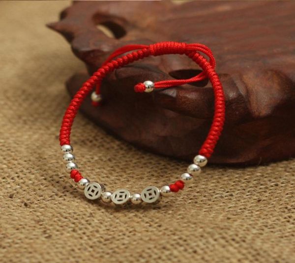 Echtes 925 Sterling Silber alte Münzen Perlen Glück rotes Seil Armband handgemachte Glück Armreif Amulett Schmuck8613251