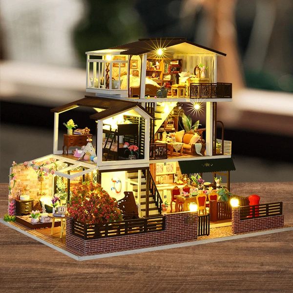 Architektur/Heimwerken Haus Diy Holzpuppenhäuser Miniaturbausätze mit Möbeln Lichtmontage Romantisches Big Casa Puppenhausspielzeug für Mädchen Geschenke 231212