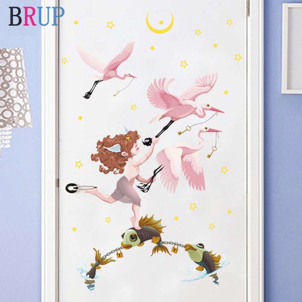 Autocollant mural en vinyle Pvc amovible pour porte, joli oiseau, poisson, dessin animé, animaux, pour chambre d'enfants, lune, garçon, décoration de maison, Art