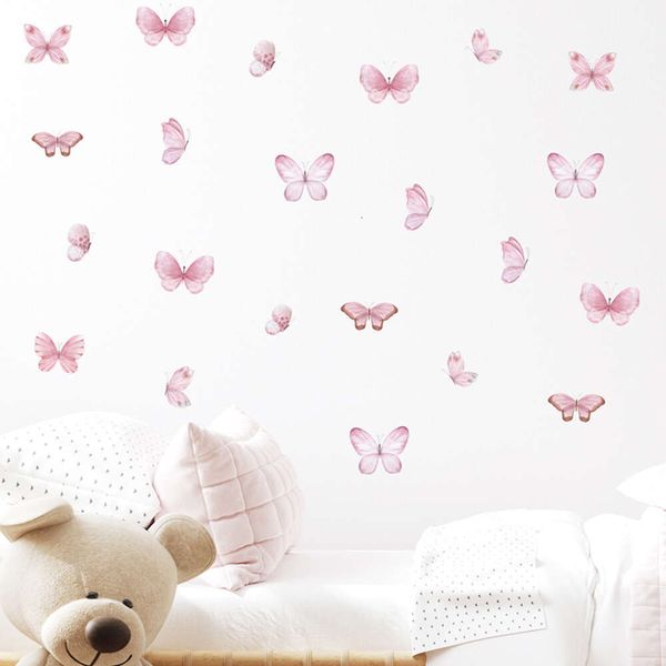 17 Stück Aquarell-Wandaufkleber mit fliegenden Schmetterlingen in zartem Rosa für Kinderzimmer, Babyzimmer, Mädchenzimmer, Wandaufkleber, Dekor