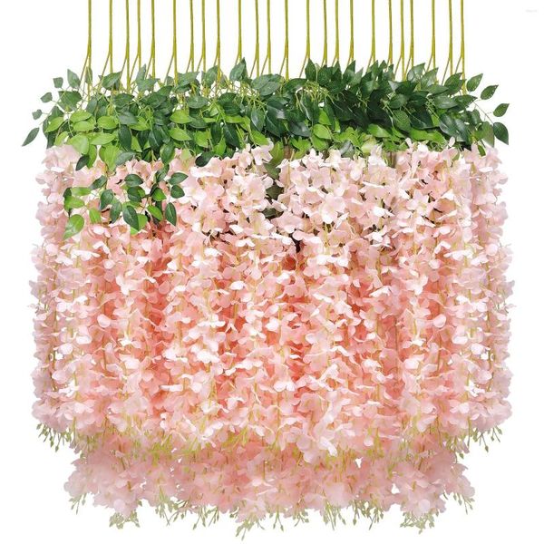 Fiori decorativi 24 pezzi rosa chiaro artificiale glicine finto vite rattan appeso ghirlanda stringa di seta 110 cm decorazioni per la casa festa di nozze