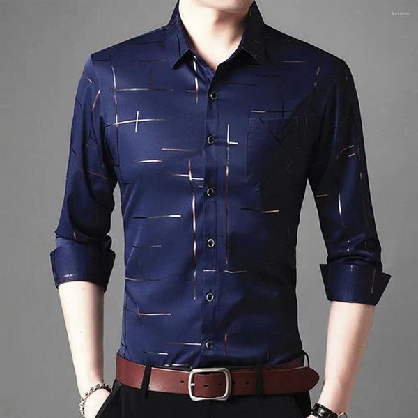 Camisas de vestido masculinas Camisa de manga comprida Single-breasted Top Turn Down Collar Slim Men Stripes Business