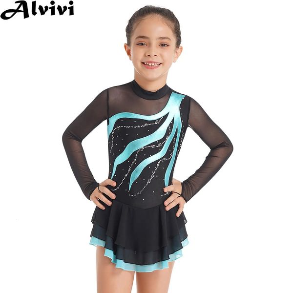 Conjuntos de roupas Meninas Figura Patinação no Gelo Roupas Ballet Tutu Dança Ginástica Leotard Vestido Manga Longa Brilhante Malha Sheer Dancewear 231212