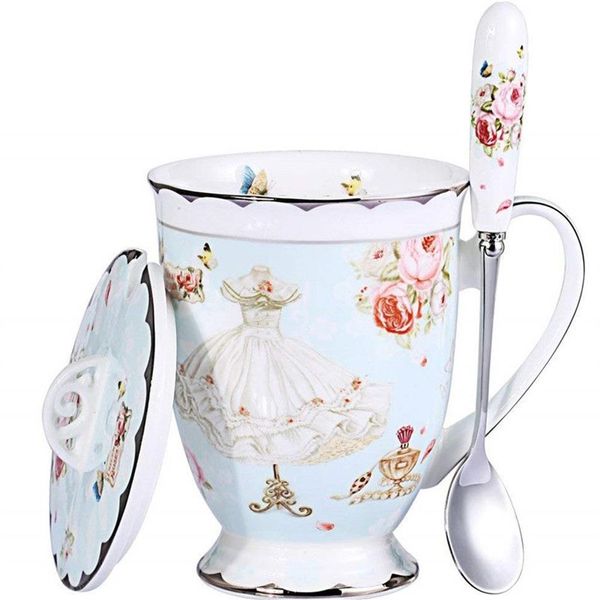 Teetasse, Deckel und Löffel-Set, Royal Fine Bone China Kaffeetasse, 325 ml, hellblaue Teetassen, Geschenk für Frauen, Mutter, Geschenkbox 296H