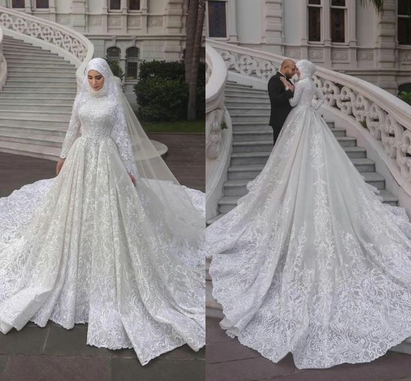 Muçulmano hijab vestido de casamento uma linha o pescoço mangas compridas luxo rendas vestidos de noiva apliques robes de mariees luxo dubai personalizado