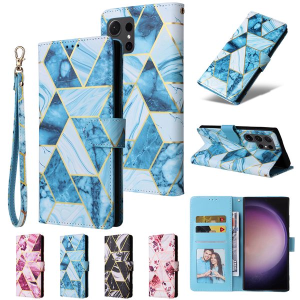 Capa de telefone luxuosa Folio Vogue em mármore para iPhone 15 Plus 14 13 12 11 Pro Max Samsung Galaxy S23 Ultra Pulseira Vários slots para cartões Capa de suporte de carteira de couro