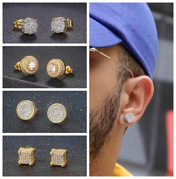 Masculino Hip Hop Iced Out Bling CZ Brincos de pântanos geométricos de ouro redondo de ouro redonda Micro pavimento de zircão cúbico brinco para homens mulheres 9319360