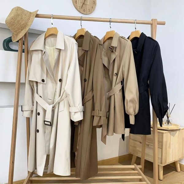 Trench da donna JESSIC Cappotto classico stile britannico Doppio petto con cintura Temperamento Giacca a vento antirughe con risvolto ampioDonna