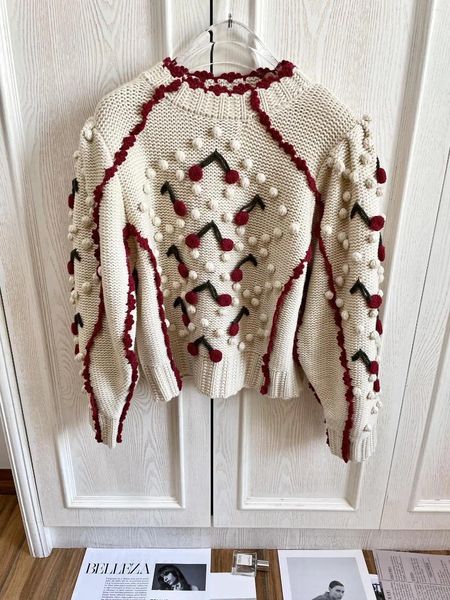 Suéteres femininos 2023 moda feminina manga comprida sexy bola casual cereja vermelho borda suéter 1127