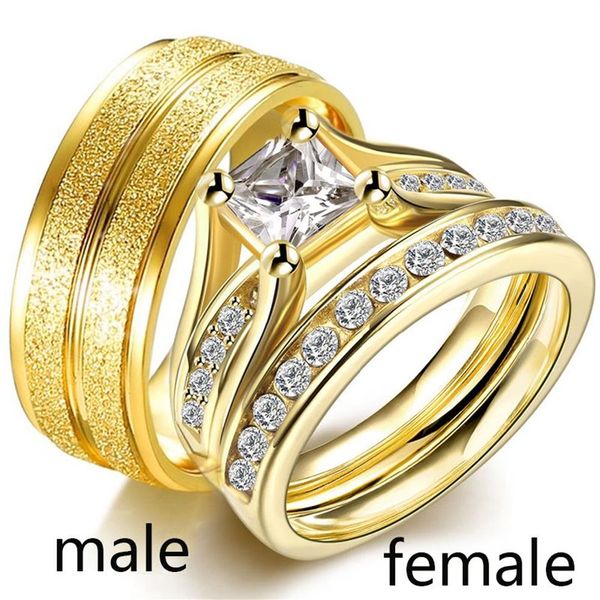 Sz6-12 DOIS ANÉIS Casal Anéis Amarelo Ouro Cheio Princesa corte Cz Mulheres Conjuntos de Anéis de Casamento de Aço Inoxidável Mens Casamento Band154i