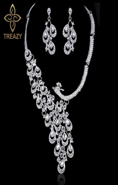 Luxo cor prata cristal noiva conjunto de jóias de casamento charme pavão design colar brincos conjunto feminino festa de noiva jóias d181001423903
