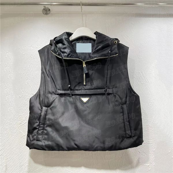 Gilet con cappuccio con stemma in metallo Top per donna Giacca pullover corta Cappotti senza maniche alla moda