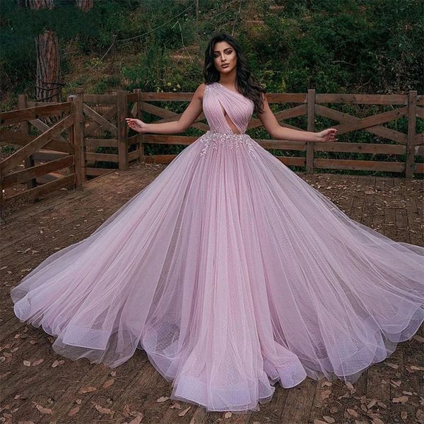 2024 Abito da sera principessa rosa caldo Elegante monospalla Punto Tulle Applicazioni Paillettes Perline Raso A-line Abiti formali da ballo Robe De Soiree