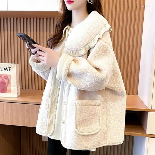 Frauen Pelz Mode Gepolsterte Kaschmir Lammwolle Jacke Für Herbst Winter Puppe Kragen Sweatshirt Mantel Female2023 Lose Strickjacke Top