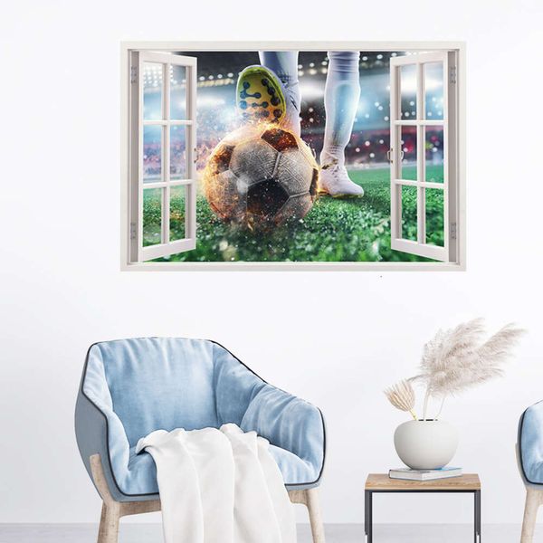 Janela aberta vista jogador de futebol com futebol grama verde campo de futebol adesivos de parede para sala estar quarto decalques decoração