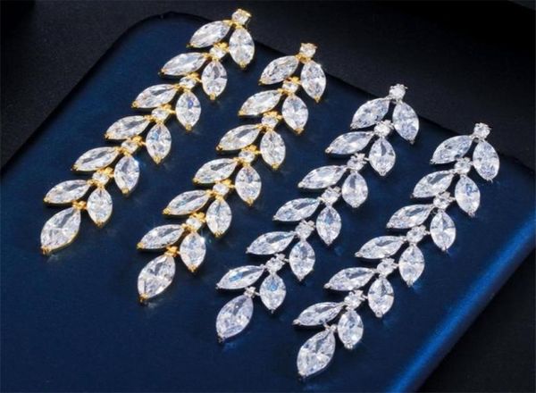 Brincos de zircão de noiva de casamento Conjunto de folhas longas Jóias de jóias de ouro Brincos de diamante de prata PROM Partem