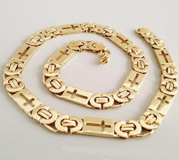 Ouro enorme pesado bizantino corrente plana colar 316l aço inoxidável oco jóias masculino corrente colar link atacado jóias 11mm2536637