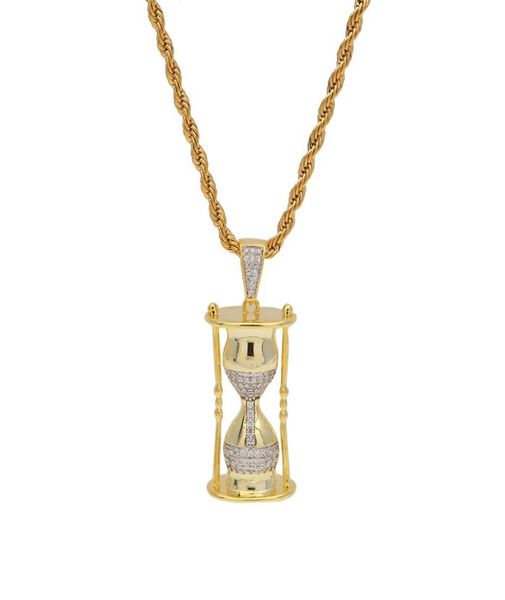 Collana con pendente a clessidra 3D in ottone placcato oro e argento hip-hop Collana con micro pavé per uomo8396756