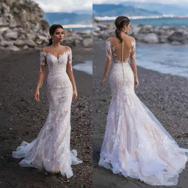 Praia mangas compridas laço vestido de casamento tribunal trem ilusão volta sexy longo boêmio vestidos de noiva vestido de novia lindo marfim e nu boêmio robe