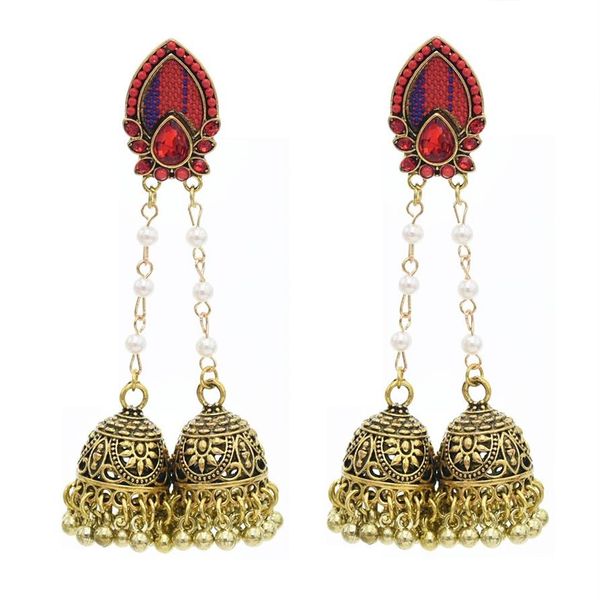 Indischer Stil Gold Jhumki Jhumka Ohrringe mit doppelten Glöckchen Perlen Imitationsperle Quaste Baumeln Ohrringe für Frau Charm Jewelry204M