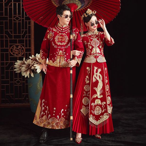 Etnik kıyafetler Yourqipao xiuhe Çin Gelinlik Ejderha Phoenix Gelinlikleri Çin Hanfu Tasarlandı Custume Çiftleri Kadınlar Erkekler Setleri 231212
