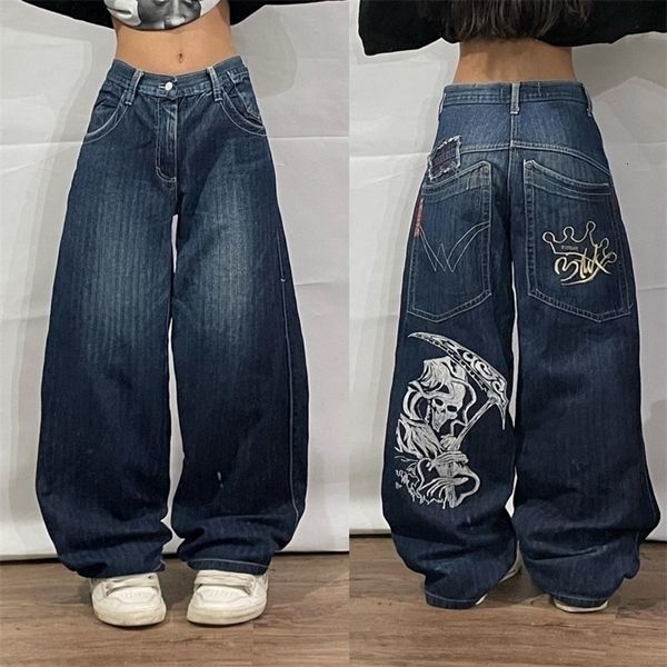 Damen Jeans Korean Fashion Y2K Hip Hop Street Big Pocket Classic Death Print Baggy Vintage High Waist Denim Hose Herren Wide Leg 2312012
