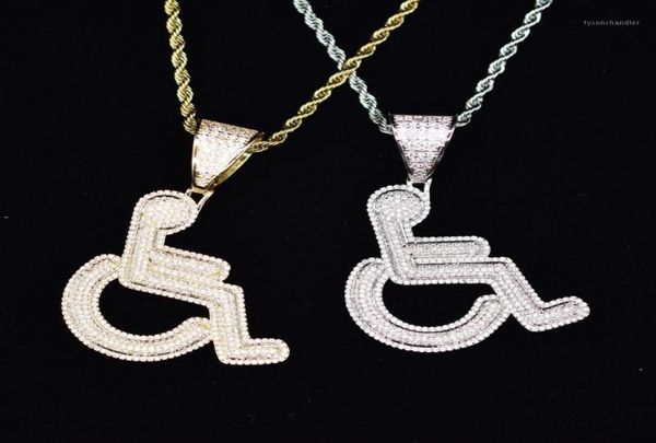 Colares Pingente Iced Out Disabled Wheelchair Logo Colar Ouro Prata Cor Bling CZ Cristal Hip Hop Rapper Chain Para Homens Mulheres 9692932