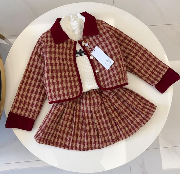 abiti firmati per bambini ragazza Set di abbigliamento cardigan imbottito in cotone scozzese treccia Gonna a pieghe cappotto per bambini