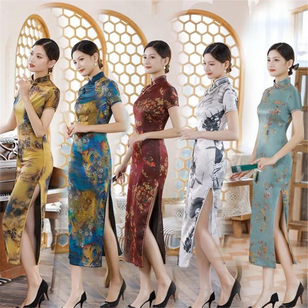 Roupas étnicas Elegante Festa Mulheres Cetim Qipao Slim Manga Curta Vestido Longo Tradicional Chinês Mandarim Collar Cheongsam Vestidos Feminino