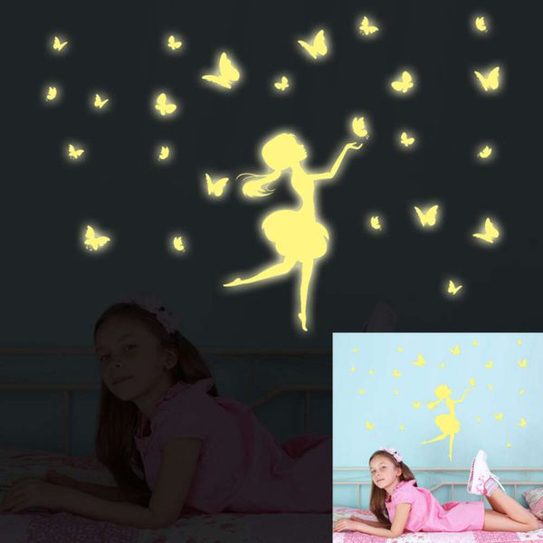 Adesivos de parede luminosos de borboleta e menina, adesivos de design de arte de fadas para quarto infantil, decoração de casa, decalques de parede que brilham no escuro