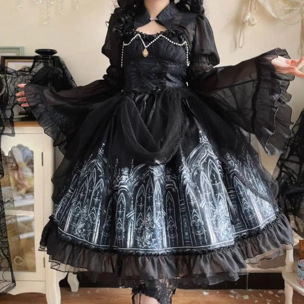 Vestidos casuais japonês gótico lolita vestido mulheres vitoriano escuro impresso manga longa malha com xale harajuku y2k festa punk