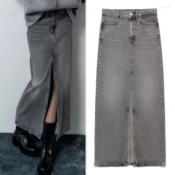 Röcke Denim Lang für Frauen 2023 Mode Reißverschlusstasche Mid Rise Maxi Rock Elegant Social Damen Herbst Schlitz